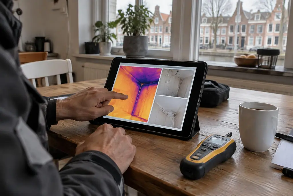 Lekdetectie Woudenberg – lekdetectierapport met warmtebeelden en foto's op een tablet