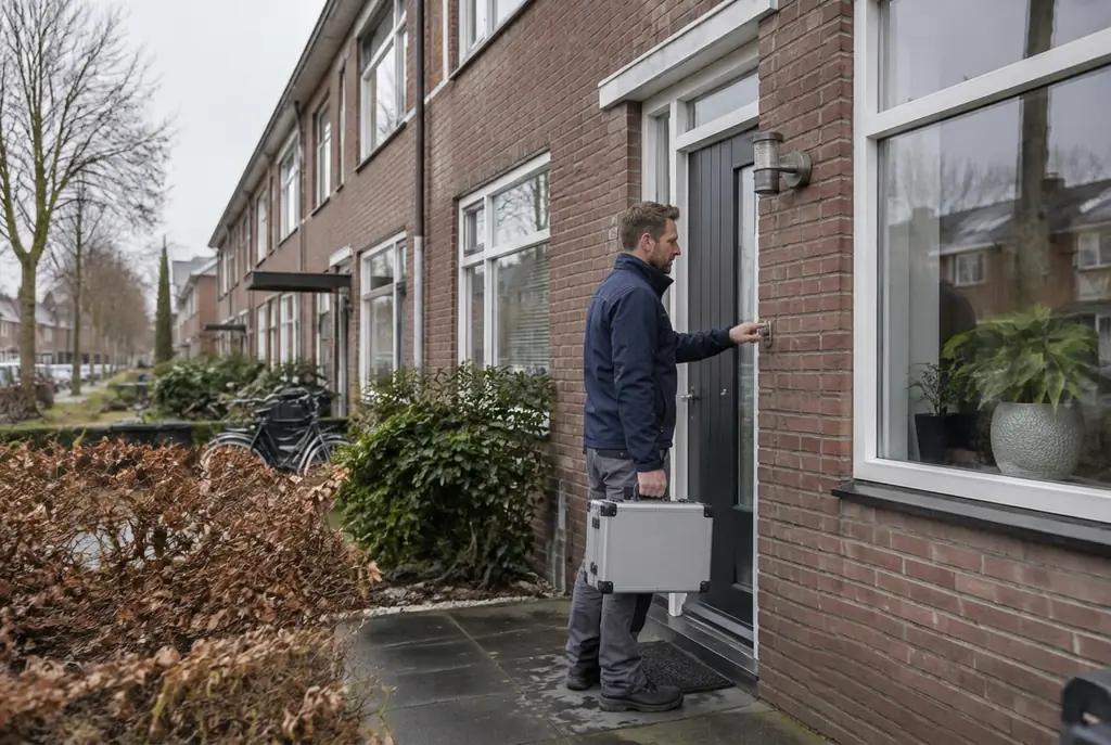 Lekdetectiespecialist met meetkoffer bij de voordeur van een woning in Woudenberg